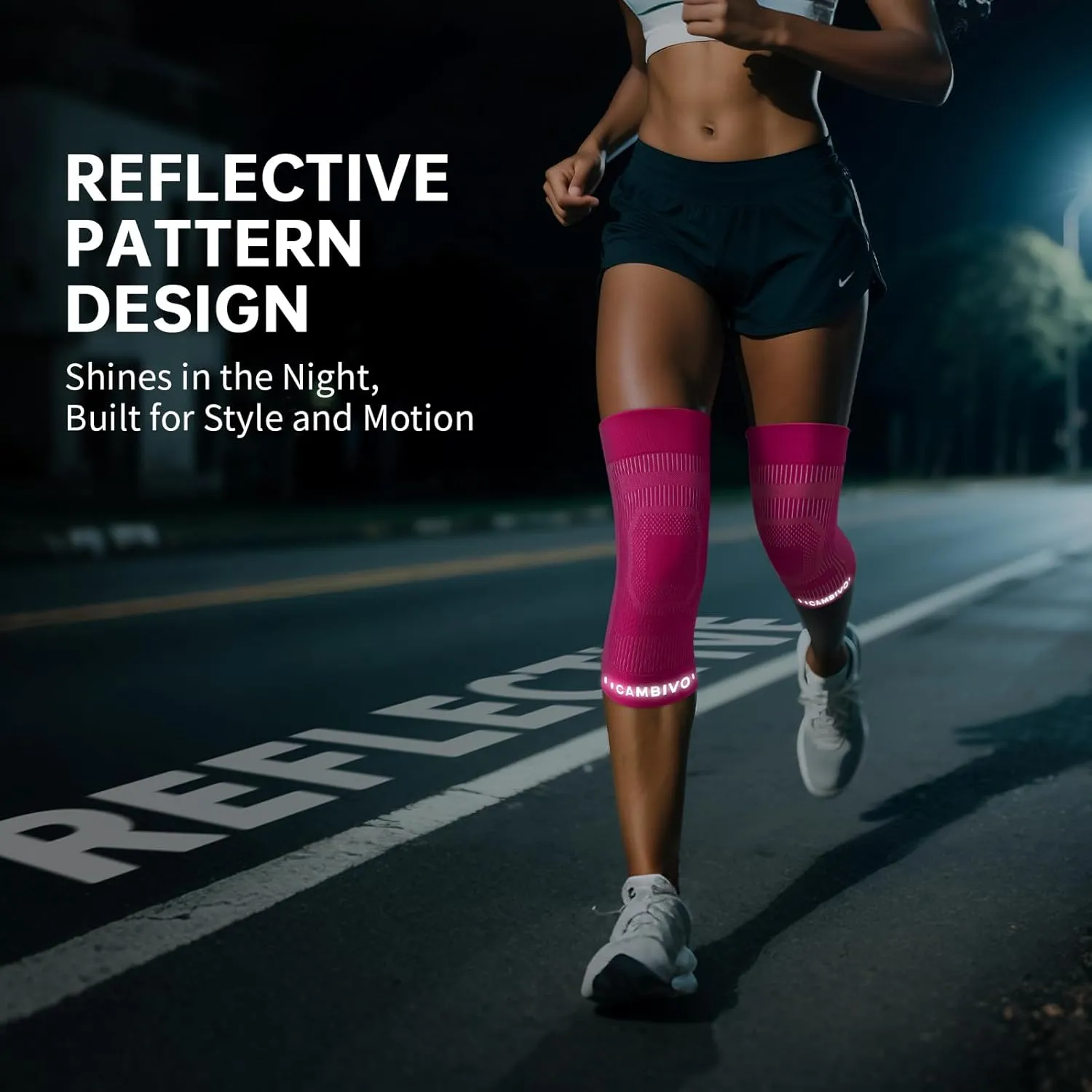 CAMBIVO Elite Motion Series Knee Brace for Women and Men (2 Pack), Ultra-Thin Lightweight Knee Compression Sleeve with Reflective Design for Pain Relief, Running, Workouts, Daily Use (Hot Pink, Large)