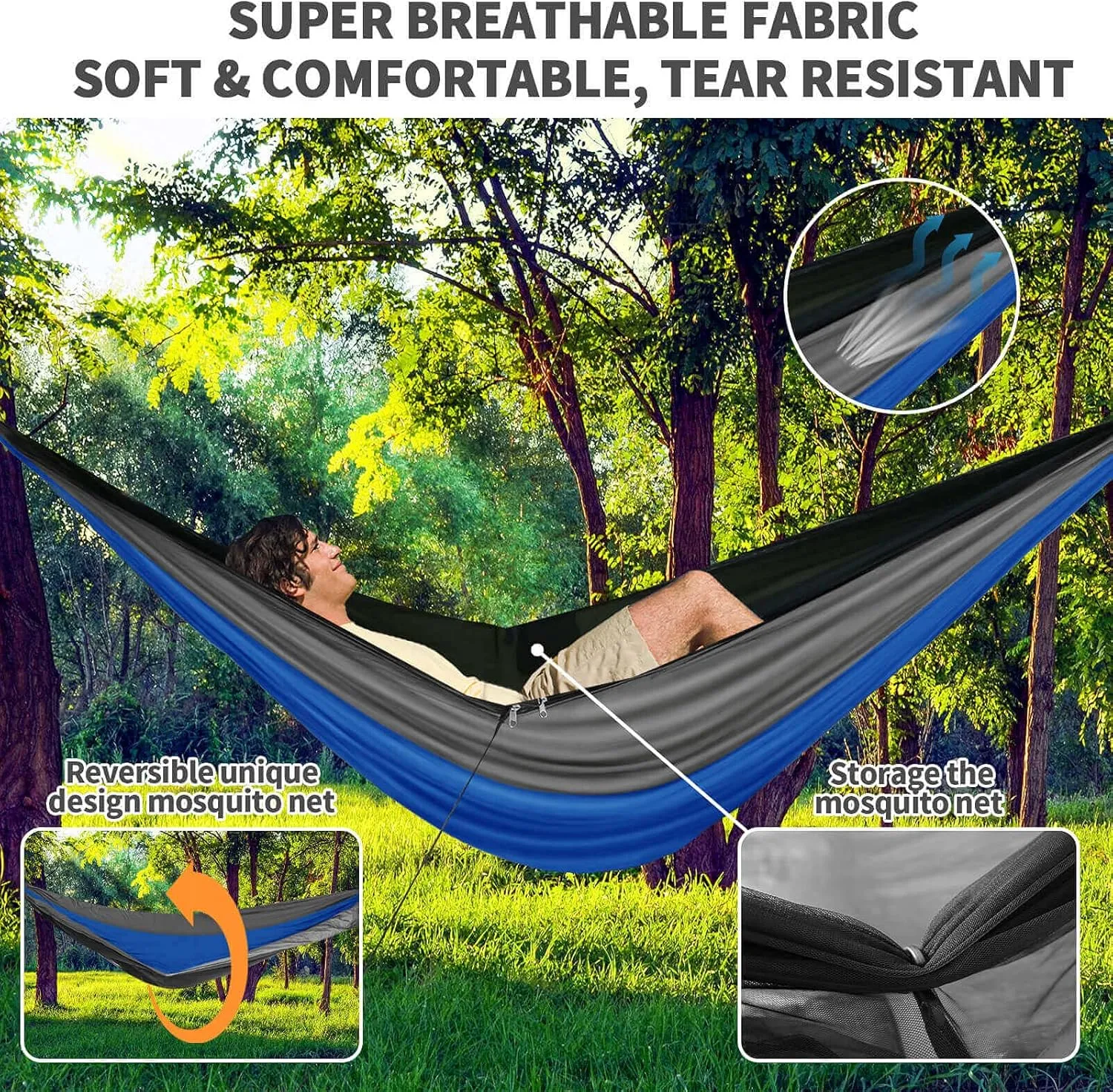 Camping Hammock with Mosquito Bug Net Tent and Rain Fly Tarp, Portable Single Double Nylon ParachuHammock with Heavy Duty Tree Strap for Backpacking Travel Survival Hiking Outdoor Activities (Blue)