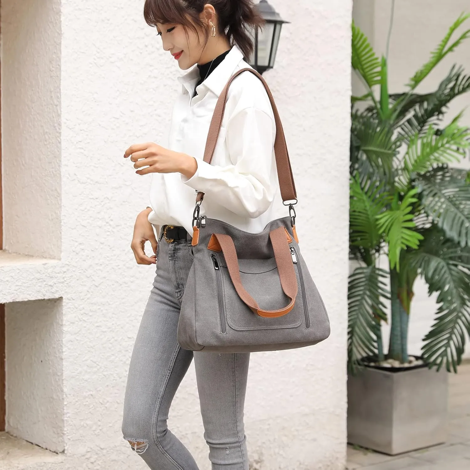 Canvas Crossbody Bags for Women Trendy Tote Purses Work Shoulder Multi-pocket Handbags