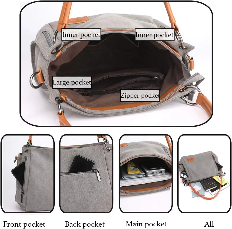 Canvas Handbags for Women Satchel Shoulder Bags Retro Tote Bags Crossbody Bag Zipper Pocket Purses Totes Messenger Bag