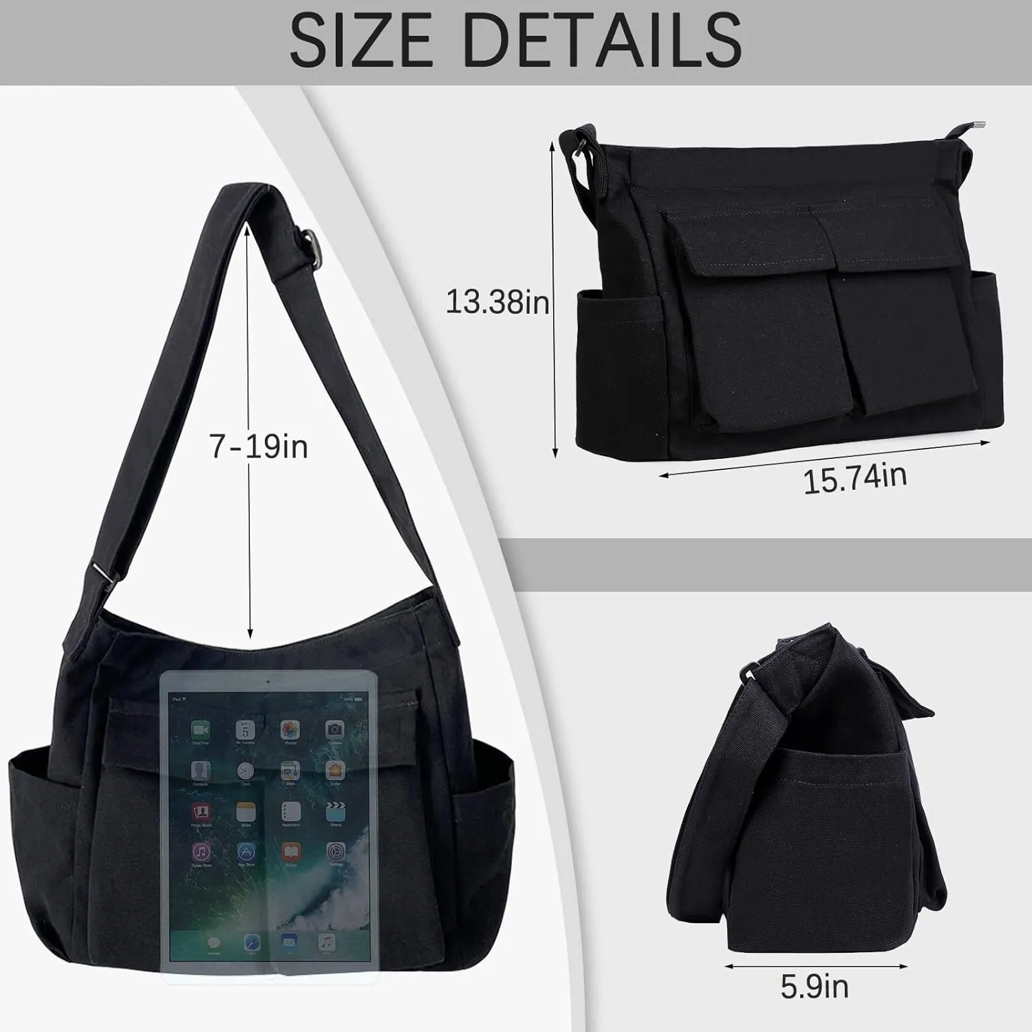Canvas Shoulder Bag Large Hobo Crossbody Bag with Multiple Pockets Canvas Messenger Tote Bag for Women and Men