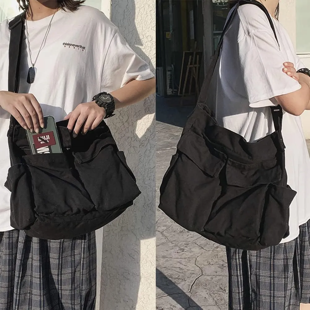 Canvas Shoulder Bag Large Hobo Crossbody Bag with Multiple Pockets Canvas Messenger Tote Bag for Women and Men