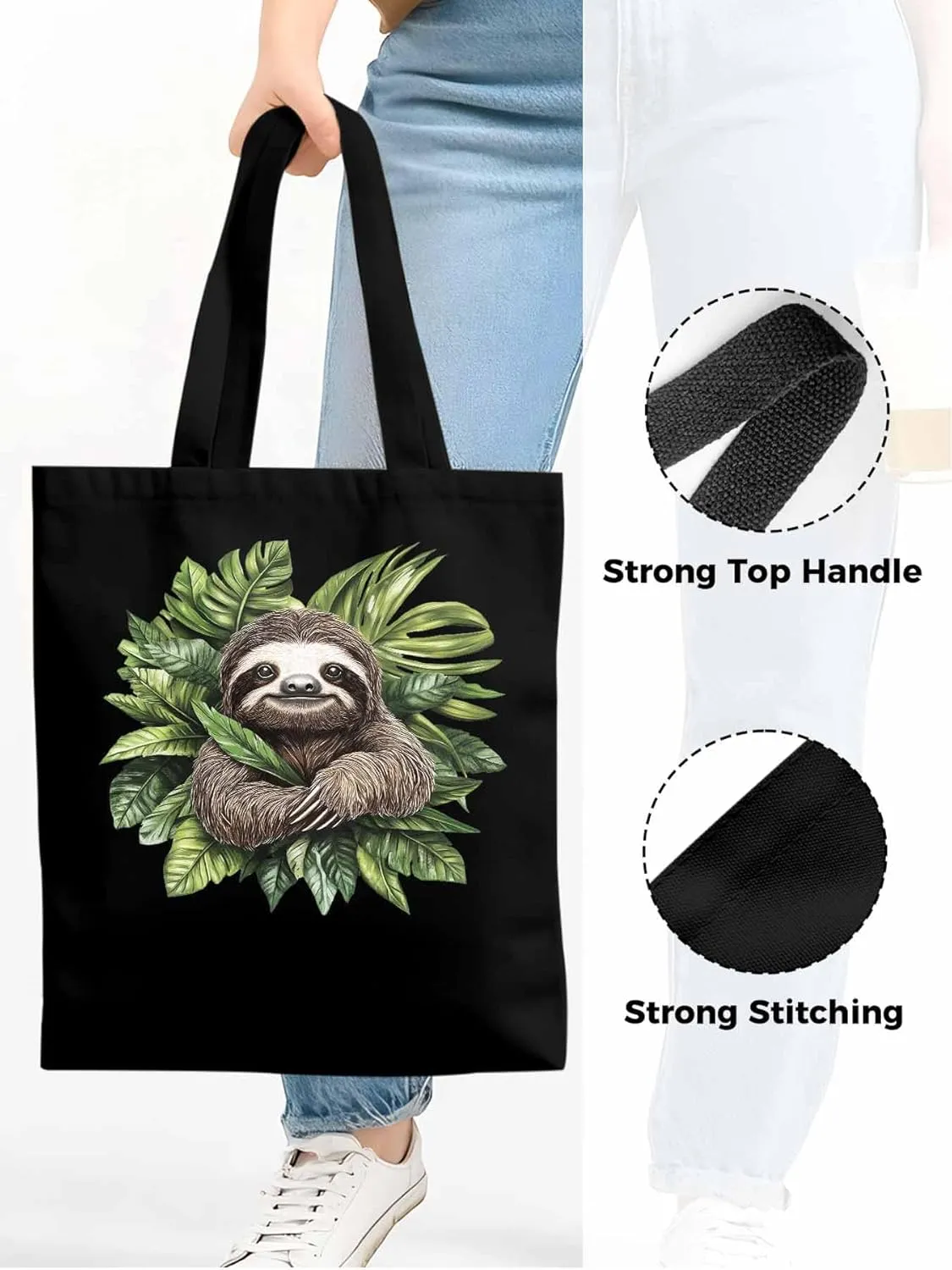 Canvas Tote Bag, Cute Sloth Tropical Leaves patterned Canvas Tote Handbags for Women Shoulder Bag,