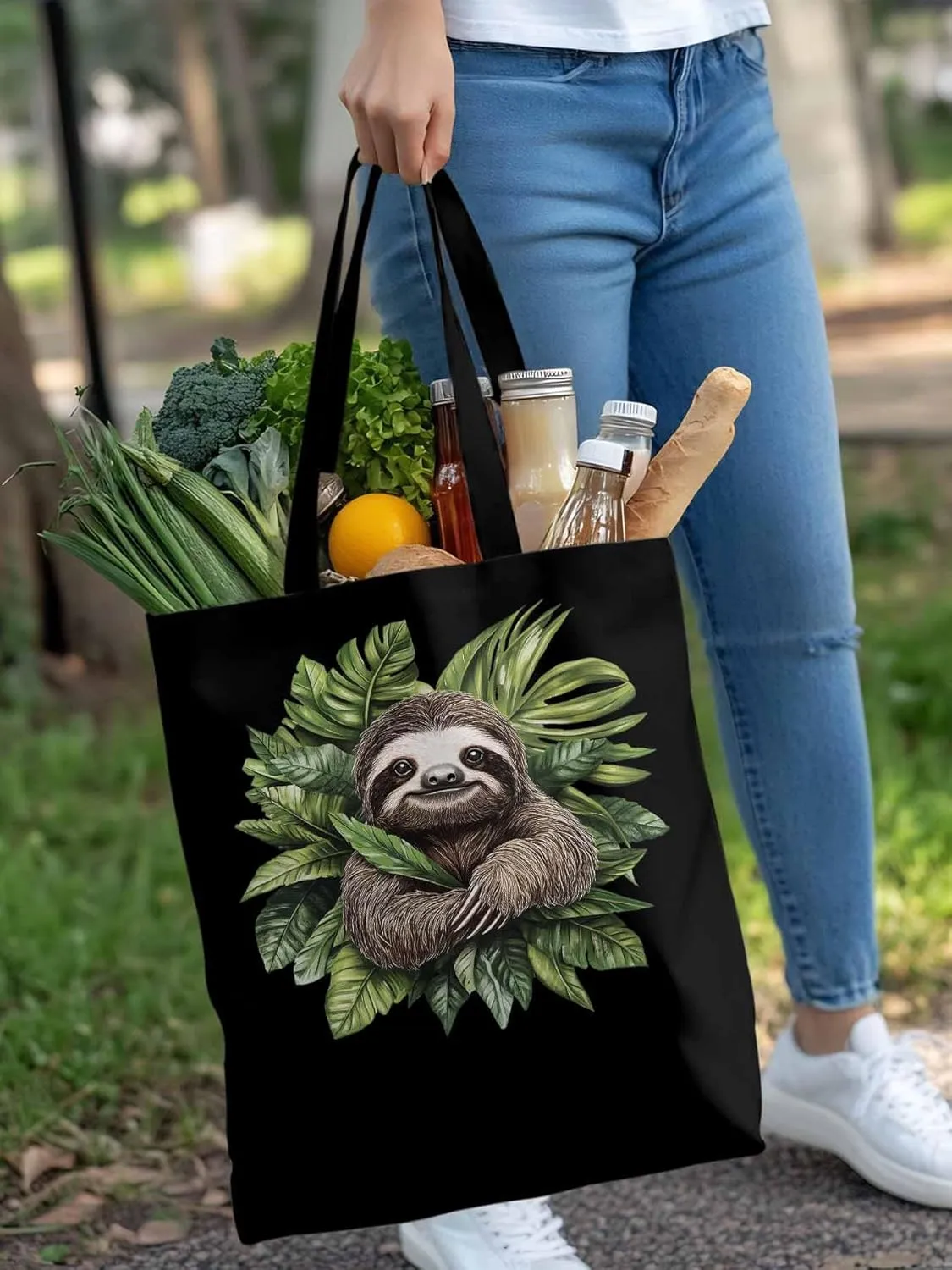 Canvas Tote Bag, Cute Sloth Tropical Leaves patterned Canvas Tote Handbags for Women Shoulder Bag,