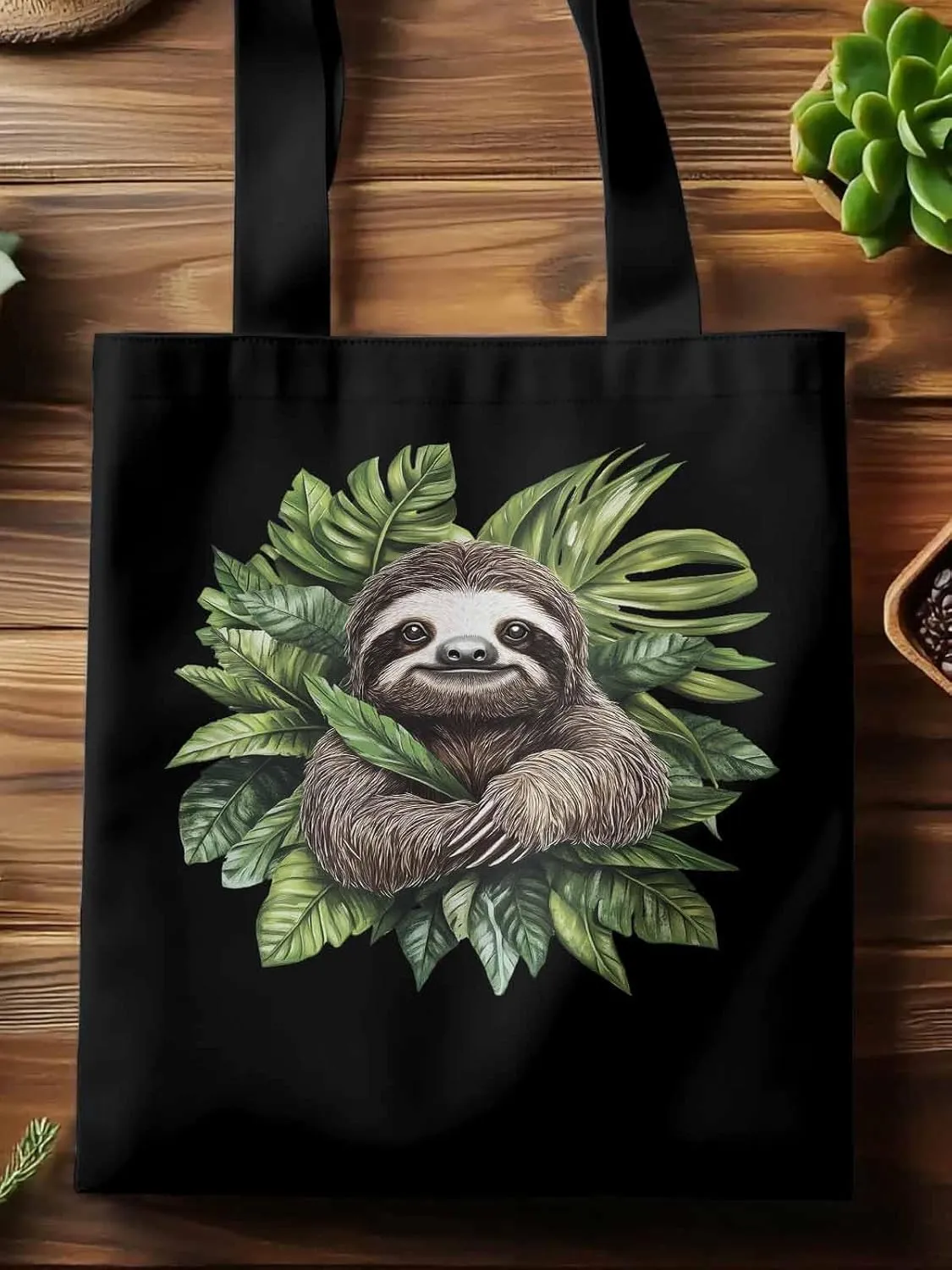 Canvas Tote Bag, Cute Sloth Tropical Leaves patterned Canvas Tote Handbags for Women Shoulder Bag,