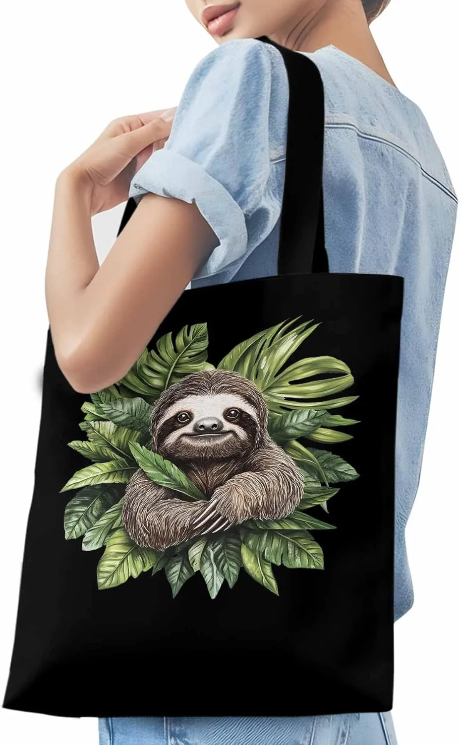 Canvas Tote Bag, Cute Sloth Tropical Leaves patterned Canvas Tote Handbags for Women Shoulder Bag,