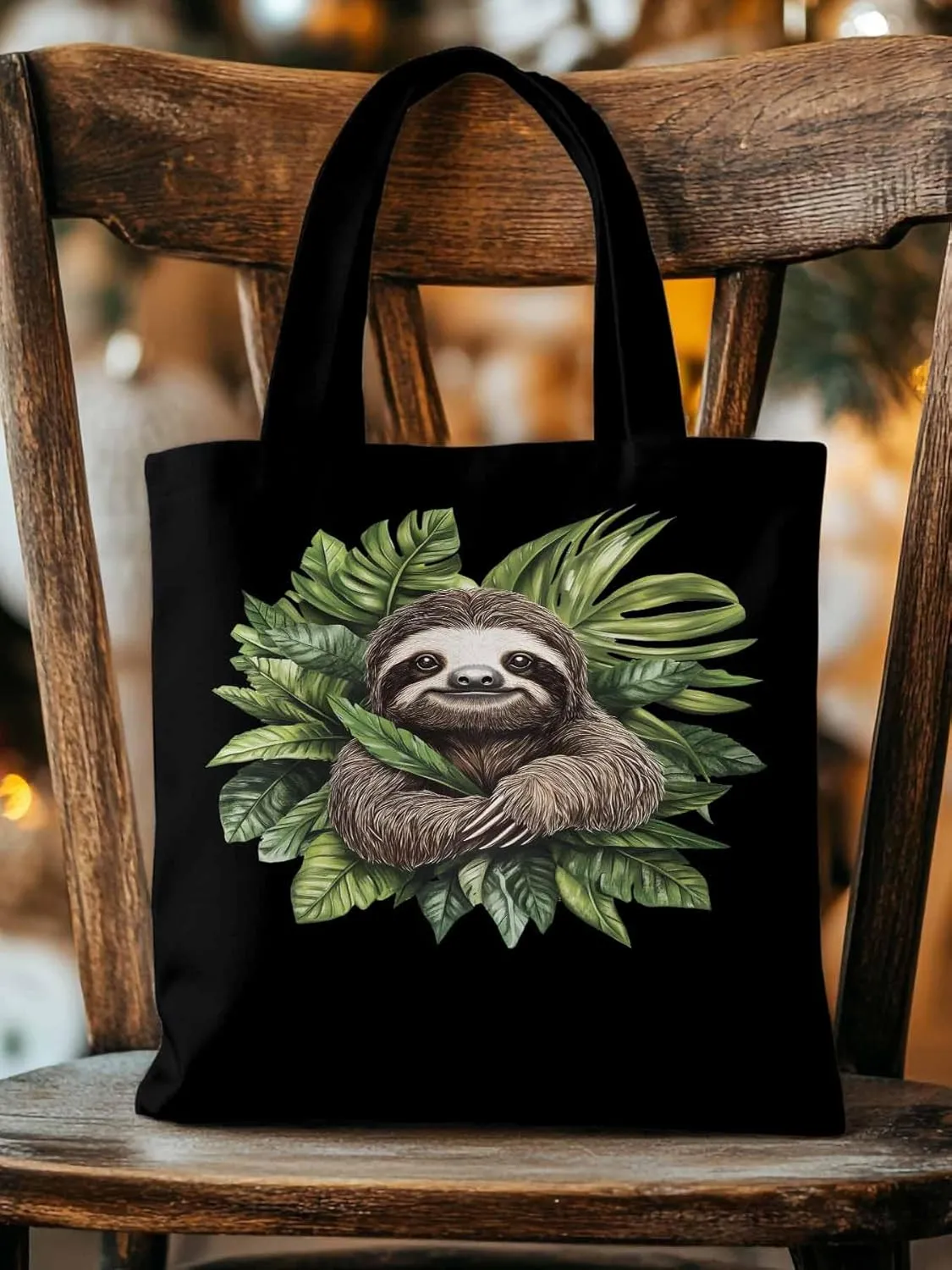 Canvas Tote Bag, Cute Sloth Tropical Leaves patterned Canvas Tote Handbags for Women Shoulder Bag,