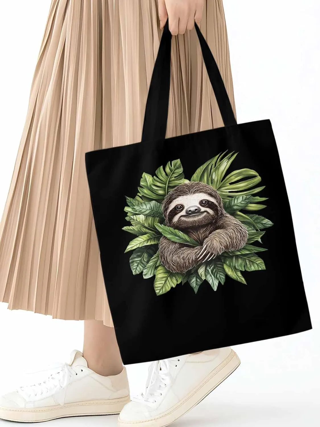 Canvas Tote Bag, Cute Sloth Tropical Leaves patterned Canvas Tote Handbags for Women Shoulder Bag,