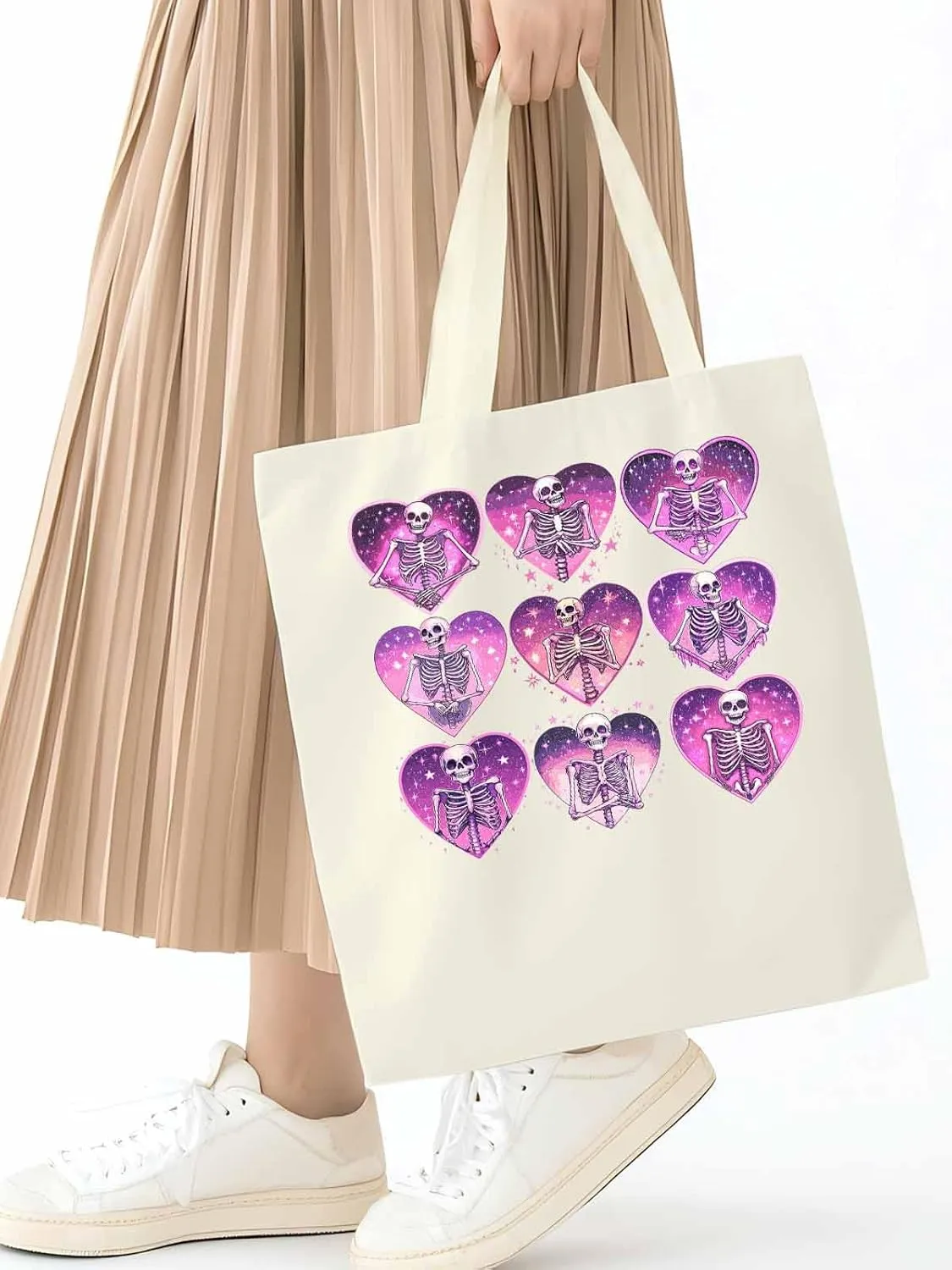 Canvas Tote Bag, Love Heart Skull Valentine Aesthetic Canvas Tote Handbags for Women Shoulder Bag