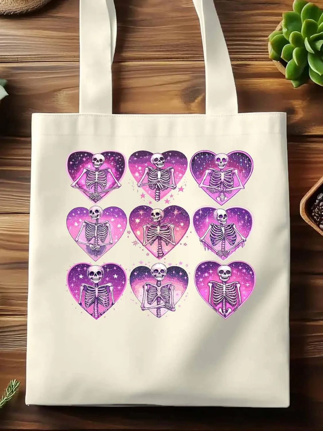 Canvas Tote Bag, Love Heart Skull Valentine Aesthetic Canvas Tote Handbags for Women Shoulder Bag
