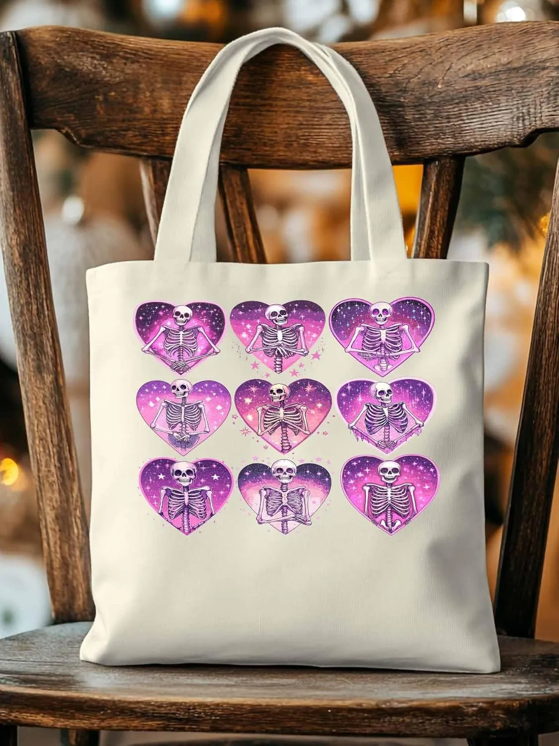 Canvas Tote Bag, Love Heart Skull Valentine Aesthetic Canvas Tote Handbags for Women Shoulder Bag
