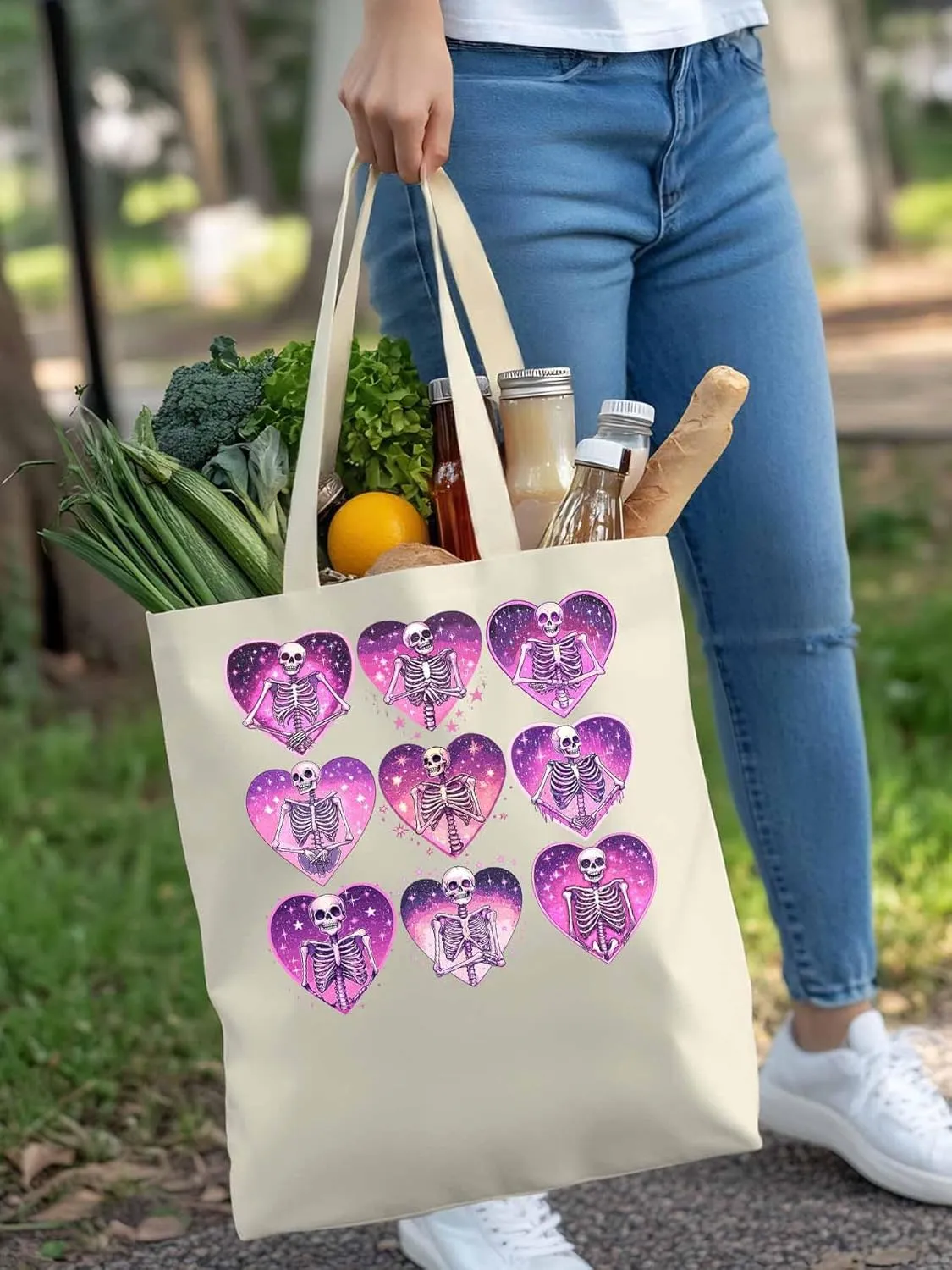 Canvas Tote Bag, Love Heart Skull Valentine Aesthetic Canvas Tote Handbags for Women Shoulder Bag