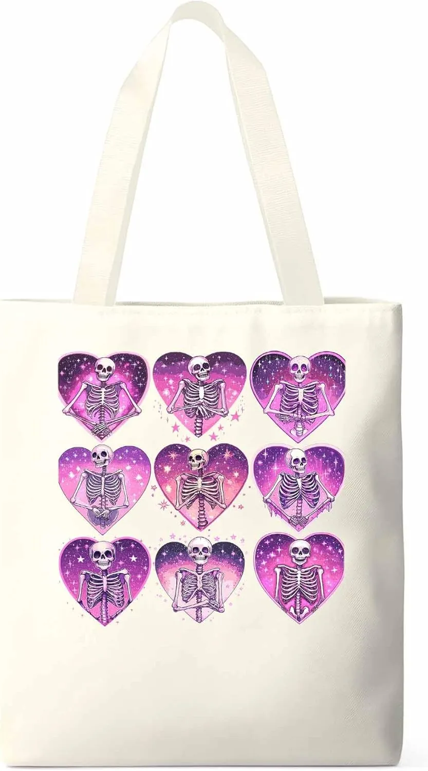 Canvas Tote Bag, Love Heart Skull Valentine Aesthetic Canvas Tote Handbags for Women Shoulder Bag