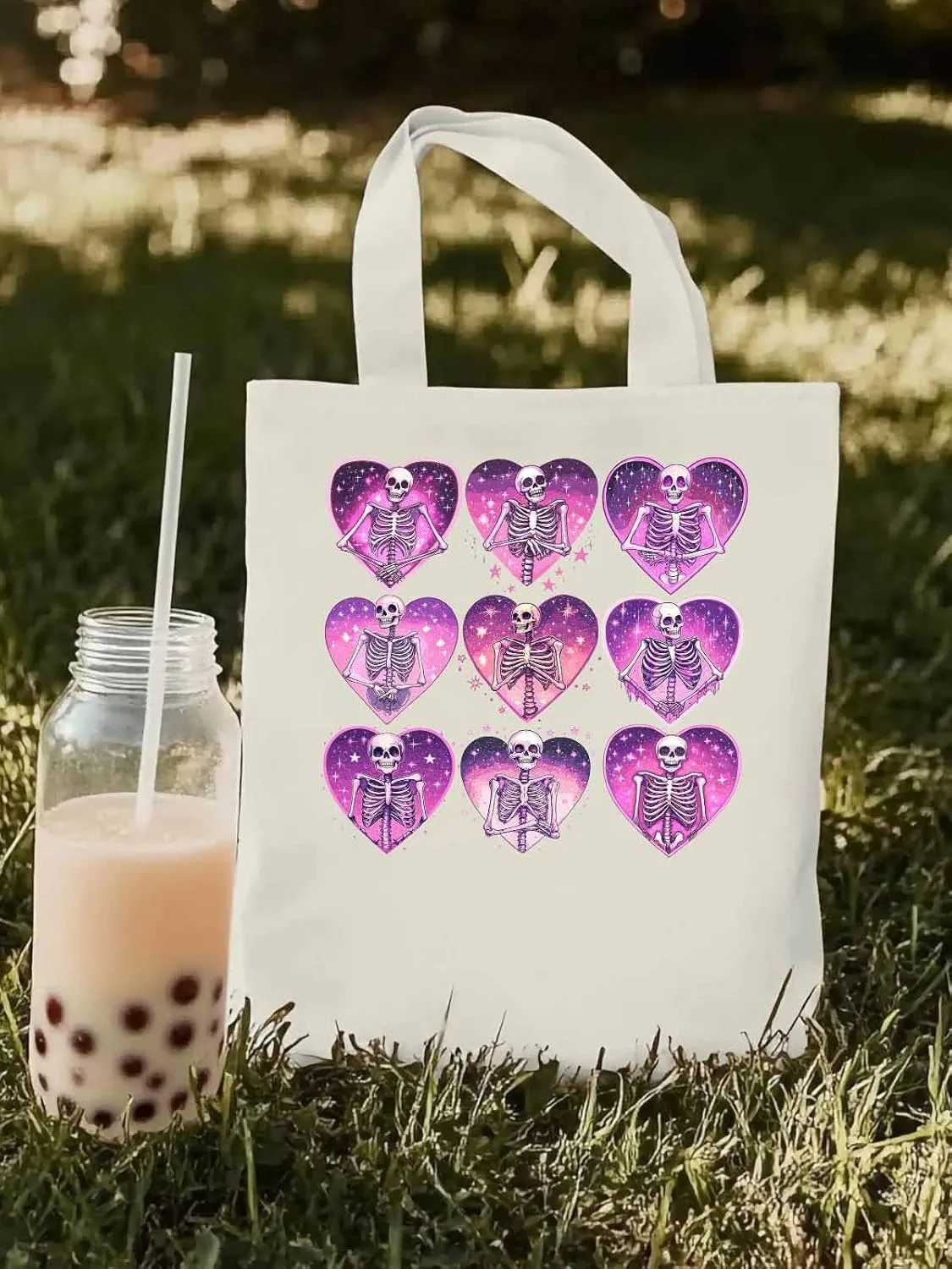 Canvas Tote Bag, Love Heart Skull Valentine Aesthetic Canvas Tote Handbags for Women Shoulder Bag