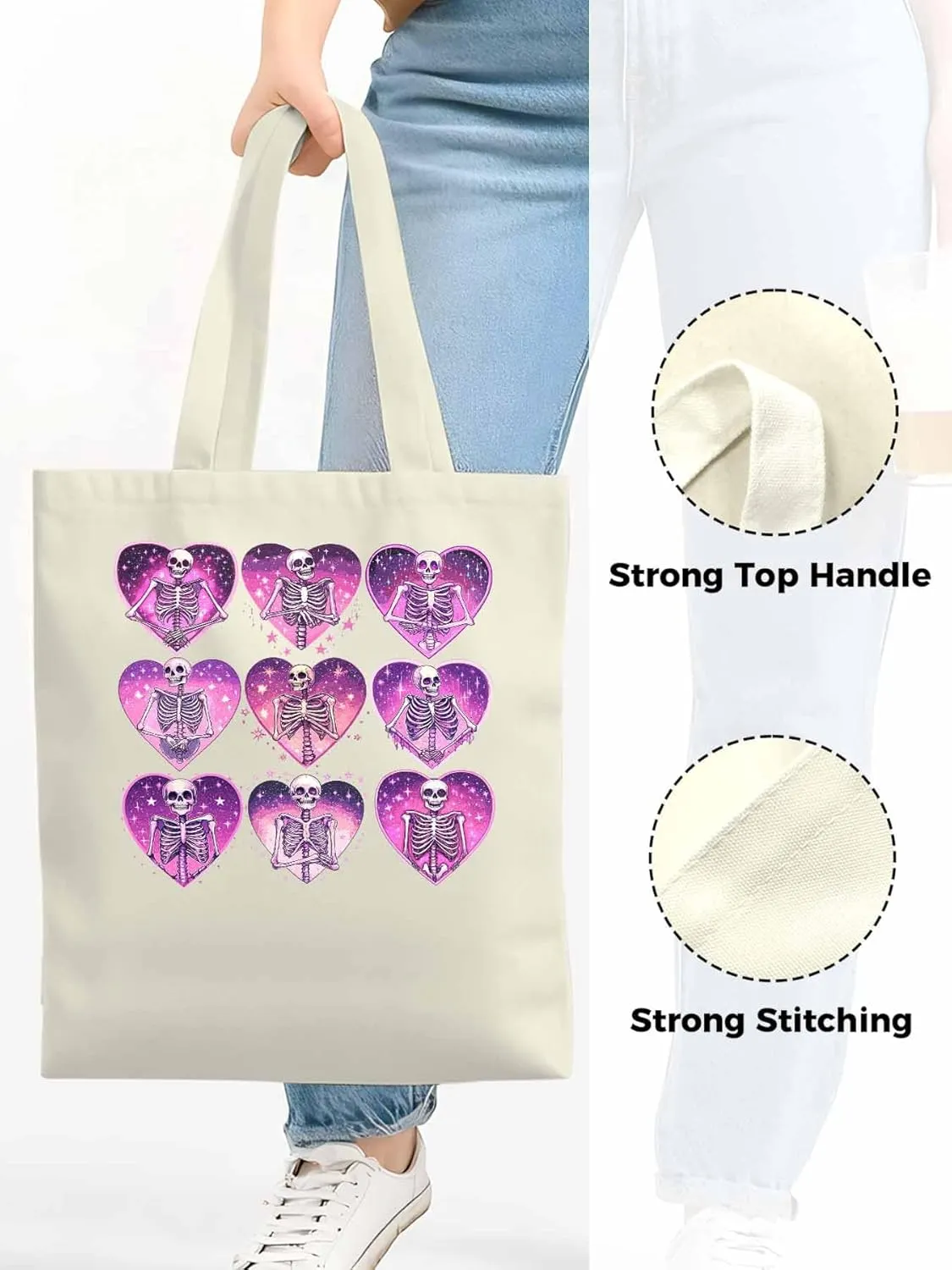 Canvas Tote Bag, Love Heart Skull Valentine Aesthetic Canvas Tote Handbags for Women Shoulder Bag
