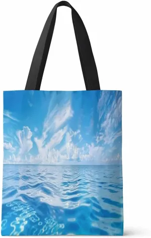Canvas Tote Bag Summer Ocean Seawater White Clouds Blue Sky Reusable Grocery Shopping Bags Shoulder Bag for Gym Work