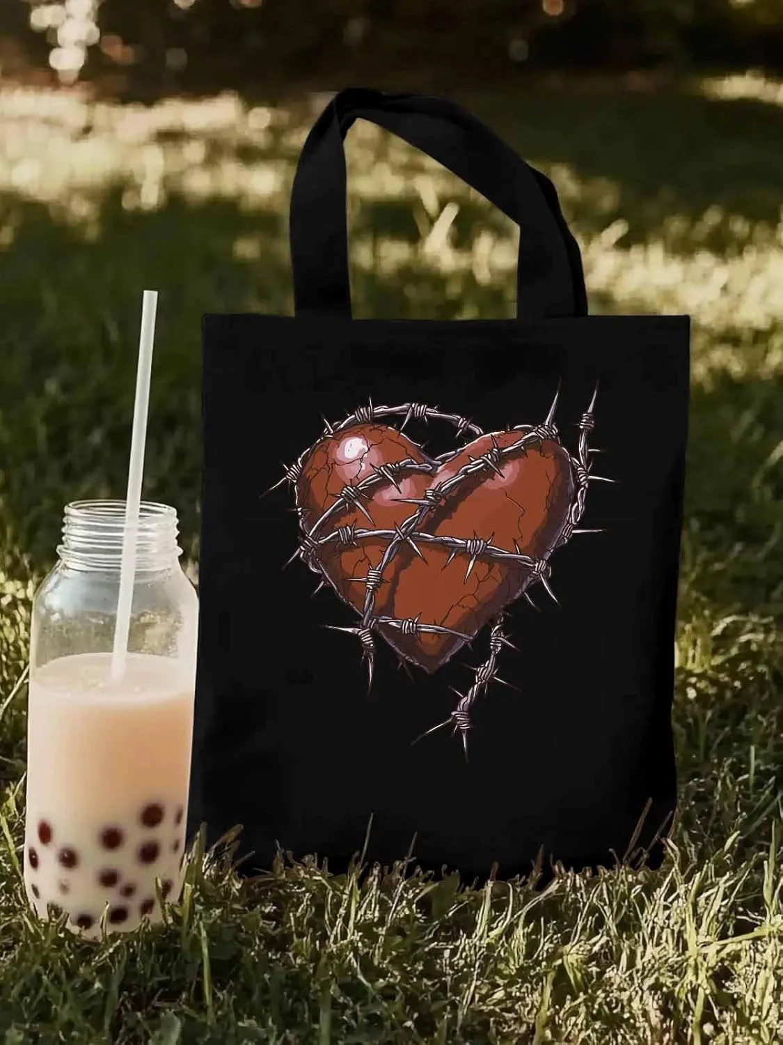 Canvas Tote Bag, Valentine's Day Aesthetic Canvas Tote Handbags for Women Shoulder Bag Love Heart Thorns