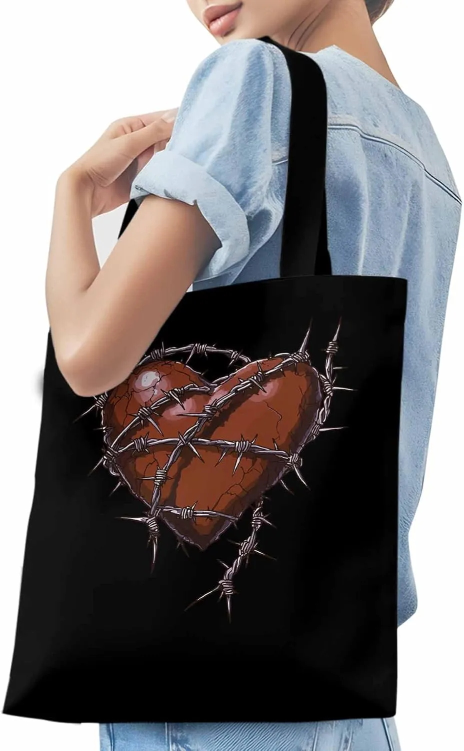 Canvas Tote Bag, Valentine's Day Aesthetic Canvas Tote Handbags for Women Shoulder Bag Love Heart Thorns