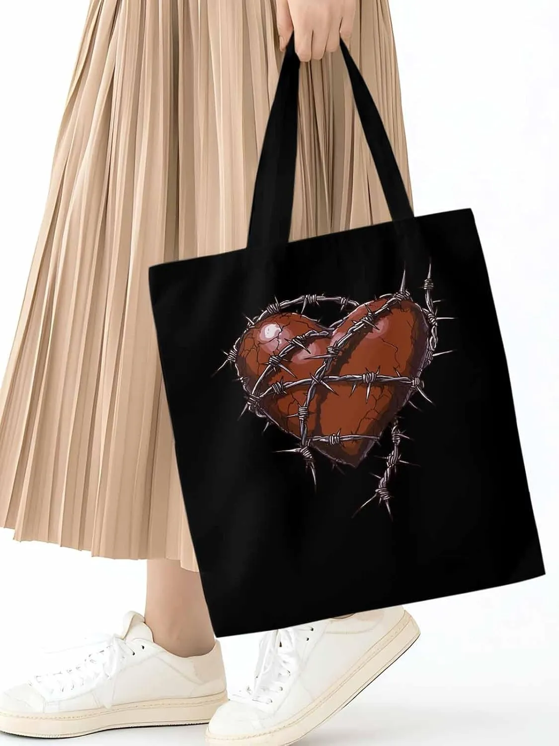 Canvas Tote Bag, Valentine's Day Aesthetic Canvas Tote Handbags for Women Shoulder Bag Love Heart Thorns