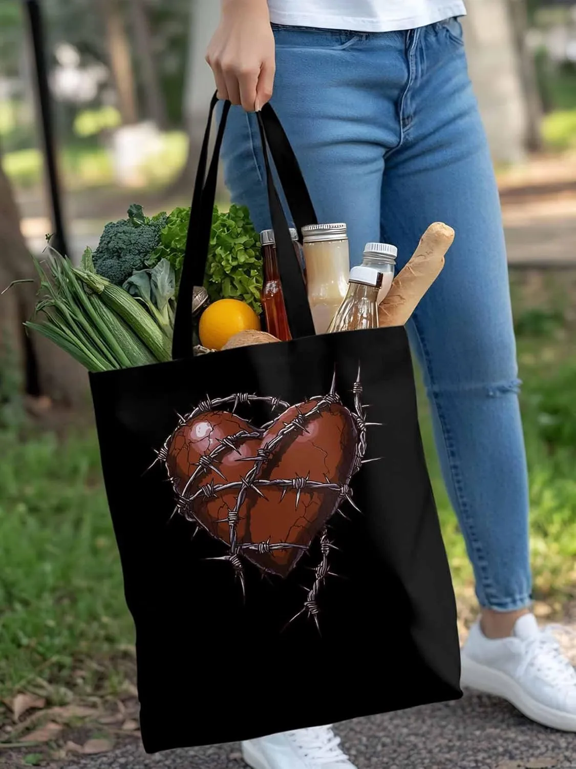 Canvas Tote Bag, Valentine's Day Aesthetic Canvas Tote Handbags for Women Shoulder Bag Love Heart Thorns