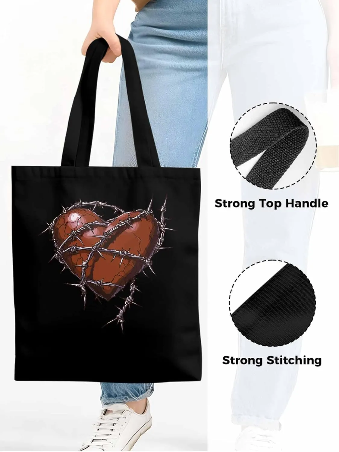 Canvas Tote Bag, Valentine's Day Aesthetic Canvas Tote Handbags for Women Shoulder Bag Love Heart Thorns