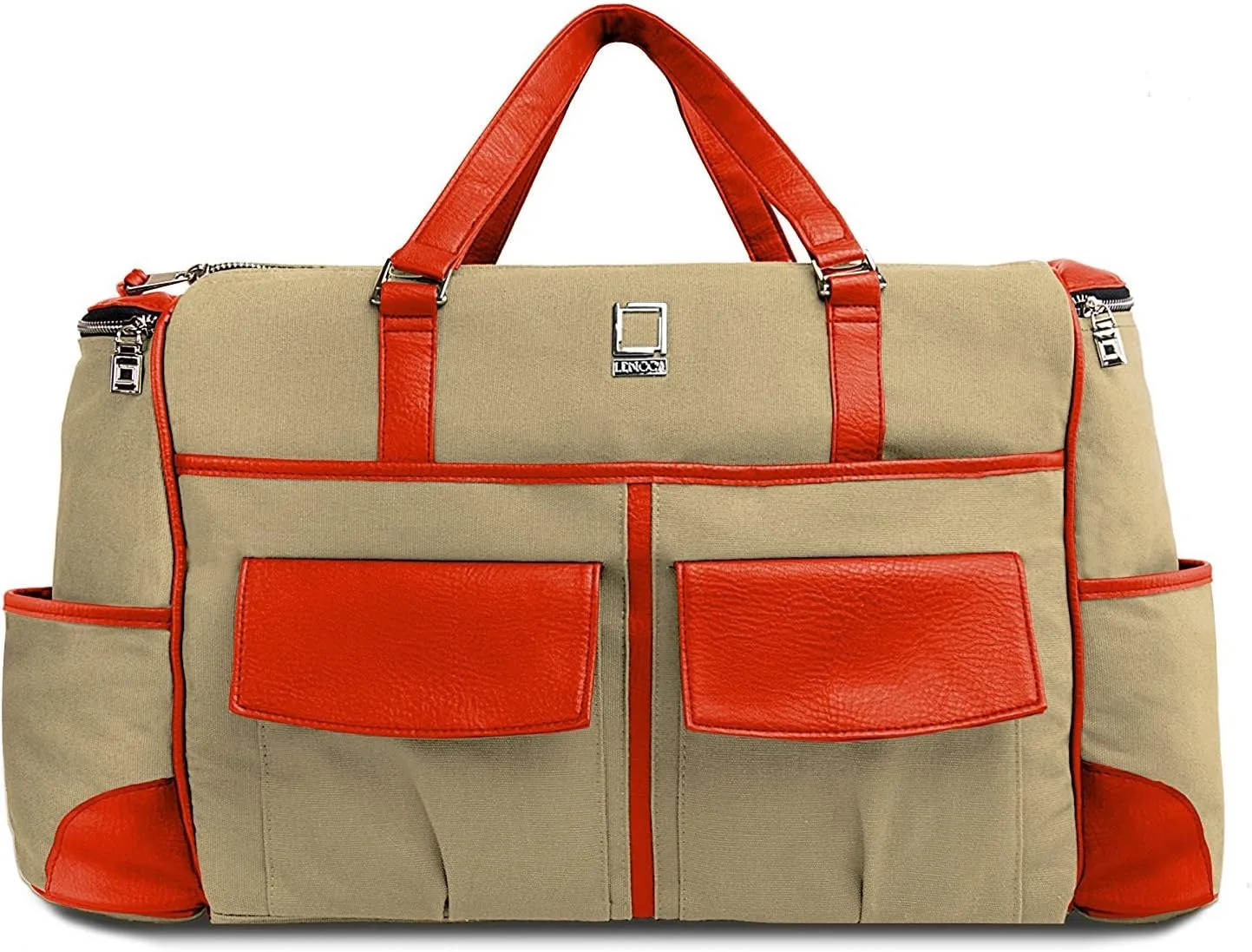 Canvas Travel Luggage Bag Shoulder Bag with Laptop Tablet Compartment, Raw Beige, Orange