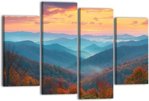 Canvas Wall Art for Bedroom 4 Panels Rolling Mountain Ranges Sunrise Framed Art Prints Wall Decor for Living Room Ready to Hang Western Home Decor Bathroom Office