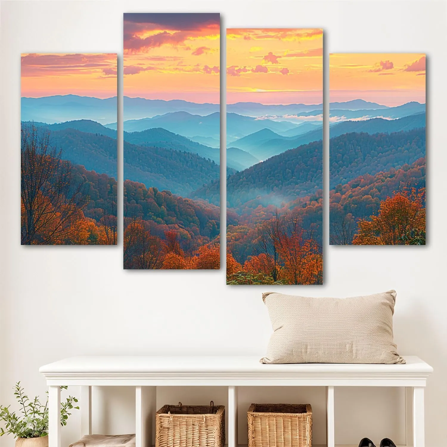 Canvas Wall Art for Bedroom 4 Panels Rolling Mountain Ranges Sunrise Framed Art Prints Wall Decor for Living Room Ready to Hang Western Home Decor Bathroom Office