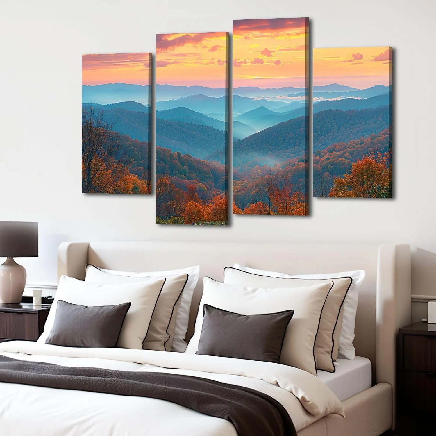 Canvas Wall Art for Bedroom 4 Panels Rolling Mountain Ranges Sunrise Framed Art Prints Wall Decor for Living Room Ready to Hang Western Home Decor Bathroom Office