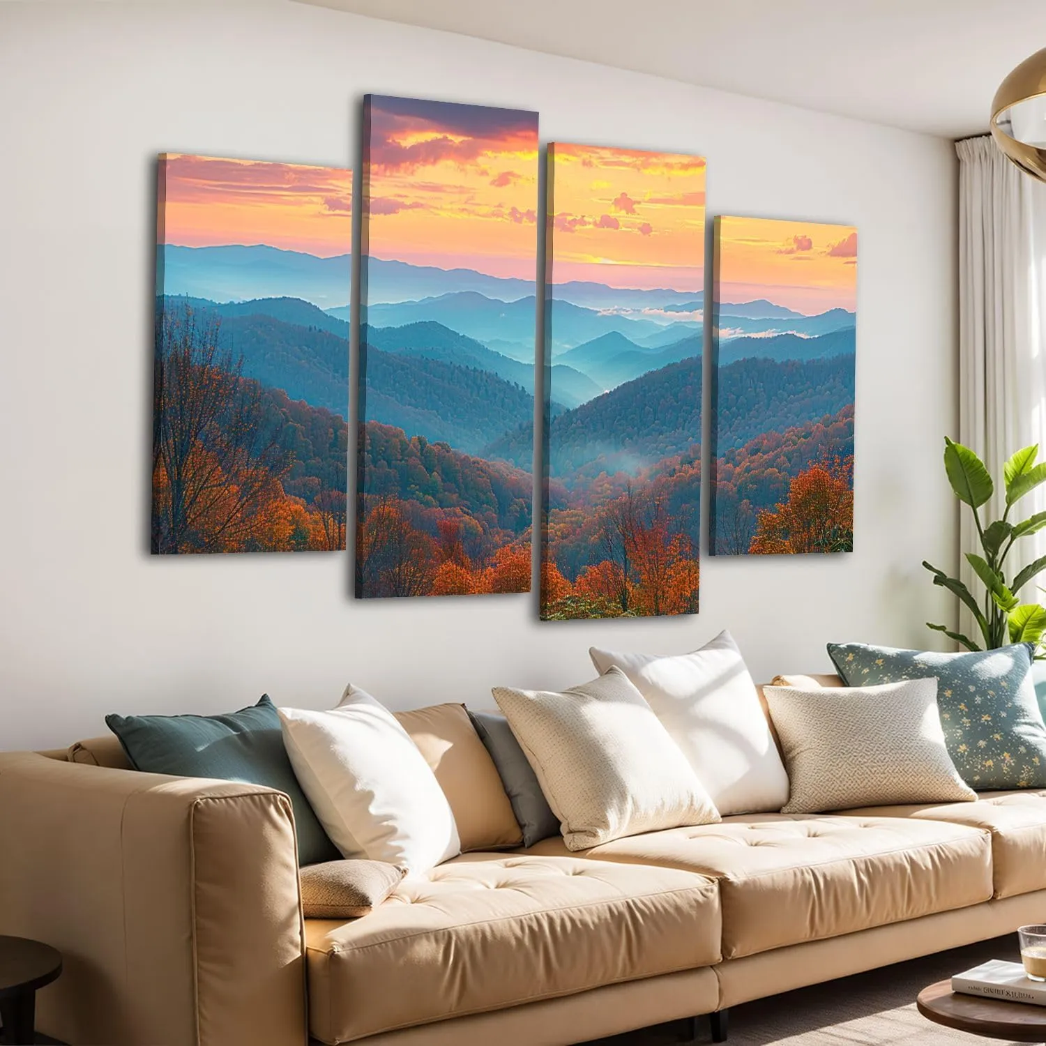 Canvas Wall Art for Bedroom 4 Panels Rolling Mountain Ranges Sunrise Framed Art Prints Wall Decor for Living Room Ready to Hang Western Home Decor Bathroom Office