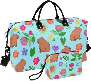 Capybara Flowers Garden Lightblue Sports Gym Bag for Women Men Travel Duffel Bag Weekend Overnight Carry on Bag with Toiletry Bag Yoga Bag for Swimming Yoga Workout Hospital Plane