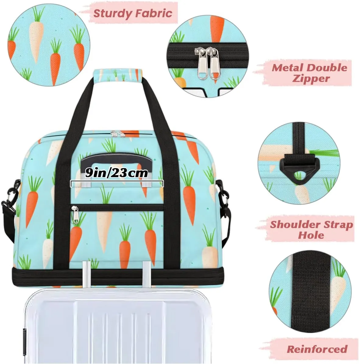 Carrot Print Custom Foldable Duffle Bag with Shoes Compartment Personalized Large Capacity Waterproof Travel Weekender Bag Overnight Bag for Sports Gym