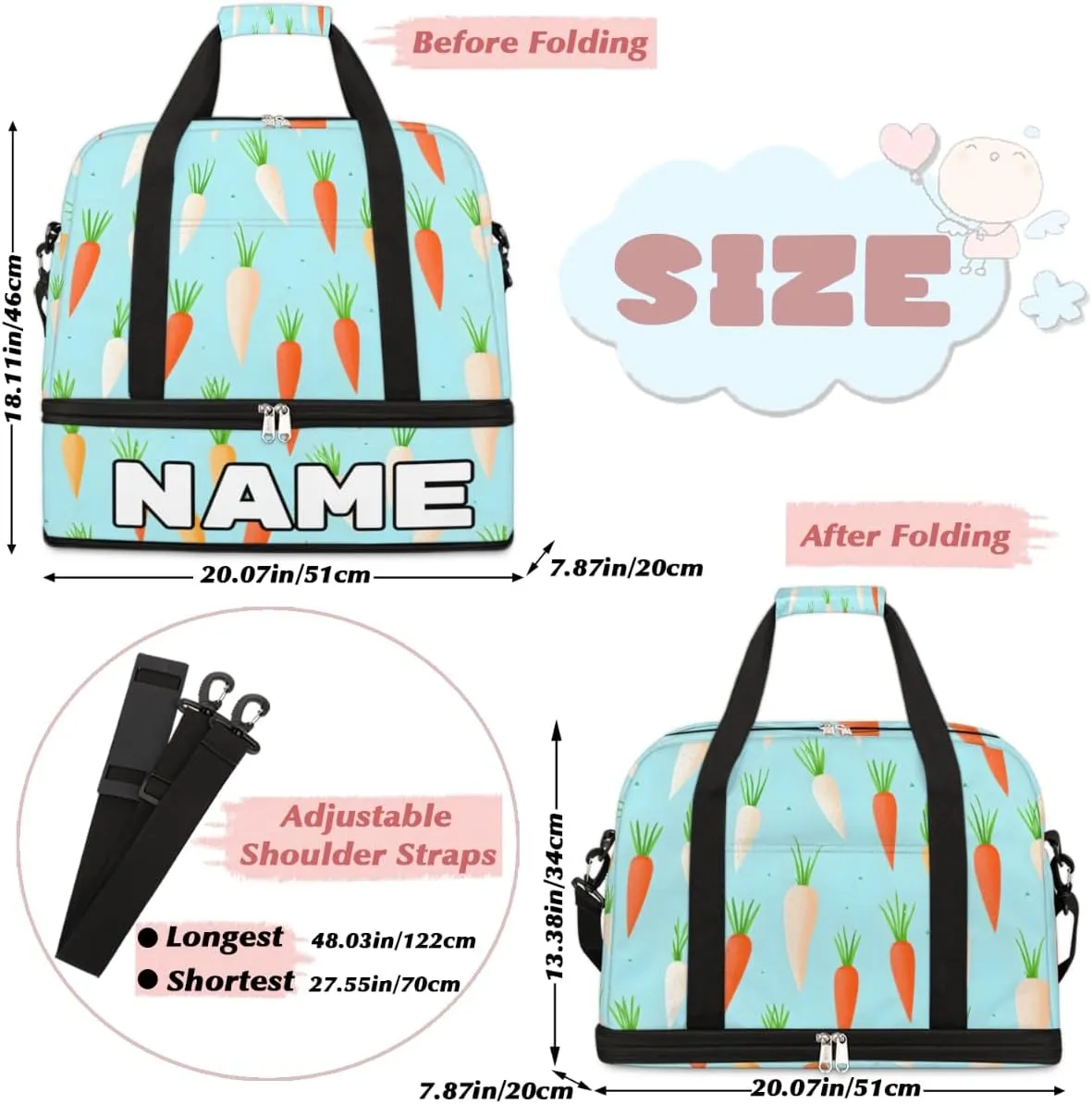 Carrot Print Custom Foldable Duffle Bag with Shoes Compartment Personalized Large Capacity Waterproof Travel Weekender Bag Overnight Bag for Sports Gym