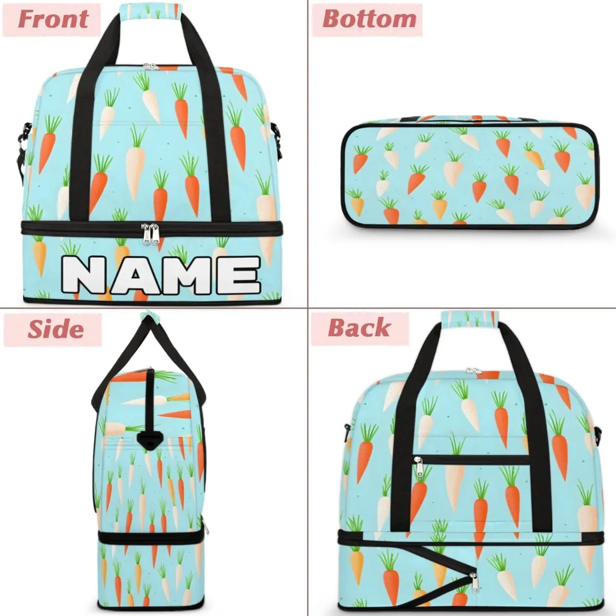 Carrot Print Custom Foldable Duffle Bag with Shoes Compartment Personalized Large Capacity Waterproof Travel Weekender Bag Overnight Bag for Sports Gym