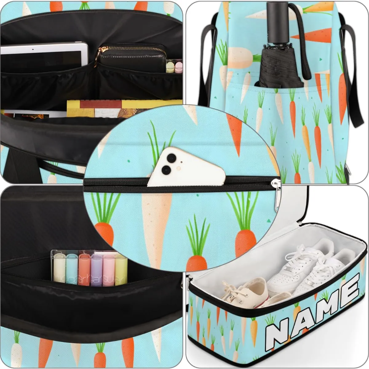 Carrot Print Custom Foldable Duffle Bag with Shoes Compartment Personalized Large Capacity Waterproof Travel Weekender Bag Overnight Bag for Sports Gym