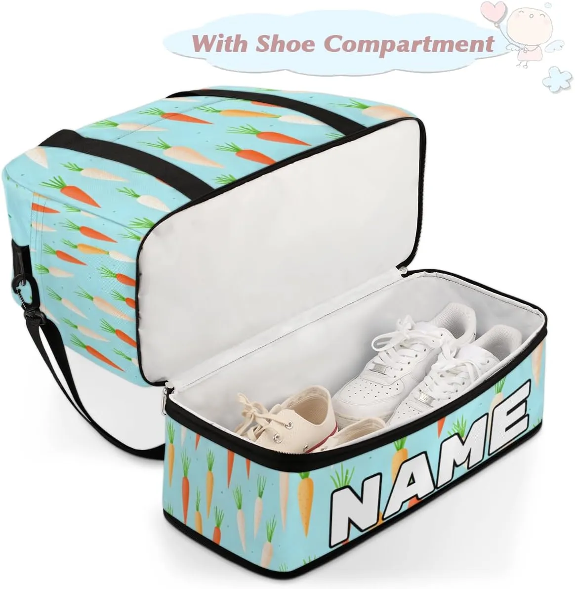 Carrot Print Custom Foldable Duffle Bag with Shoes Compartment Personalized Large Capacity Waterproof Travel Weekender Bag Overnight Bag for Sports Gym
