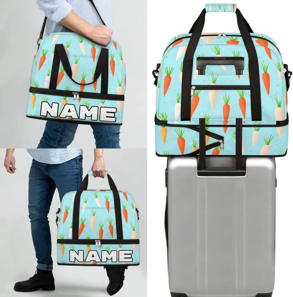 Carrot Print Custom Foldable Duffle Bag with Shoes Compartment Personalized Large Capacity Waterproof Travel Weekender Bag Overnight Bag for Sports Gym