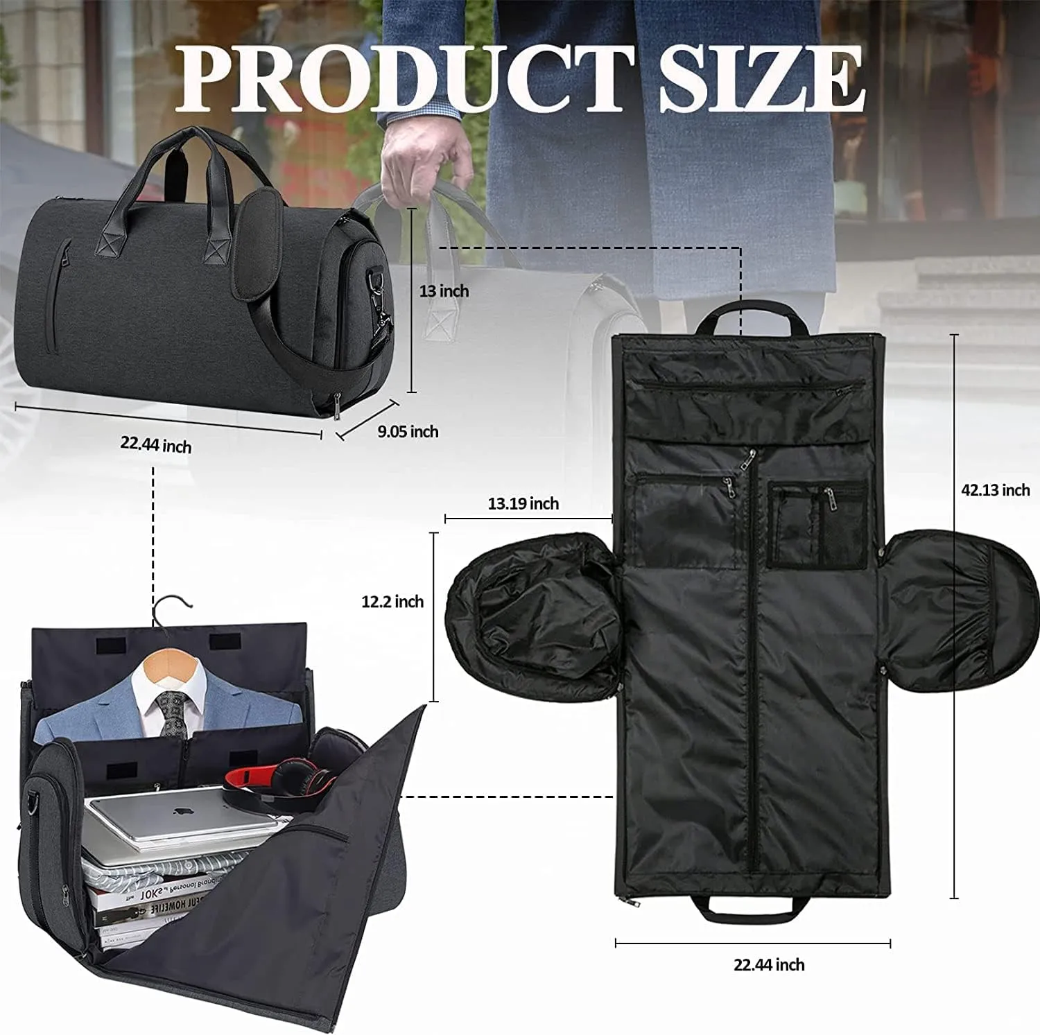 Carry On Garment Bag for Travel - Convertible Duffel for Suits, Dresses, Clothes - Weekend Bag With Shoe Compartment, Pockets, Shoulder Strap