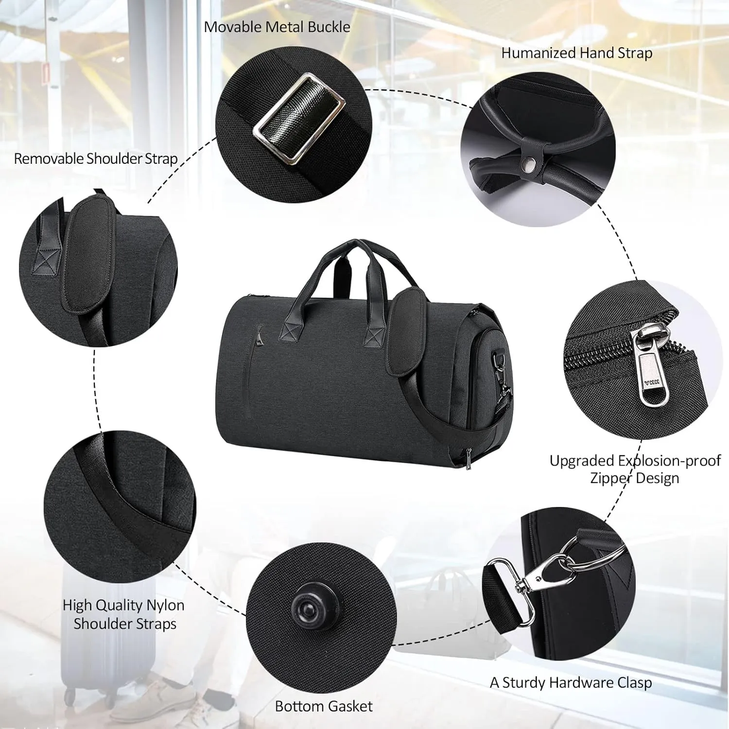 Carry On Garment Bag for Travel - Convertible Duffel for Suits, Dresses, Clothes - Weekend Bag With Shoe Compartment, Pockets, Shoulder Strap