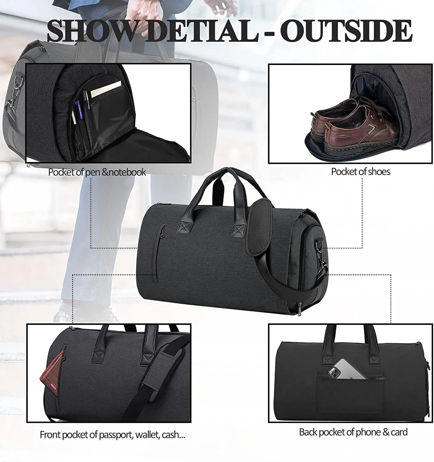 Carry On Garment Bag for Travel - Convertible Duffel for Suits, Dresses, Clothes - Weekend Bag With Shoe Compartment, Pockets, Shoulder Strap