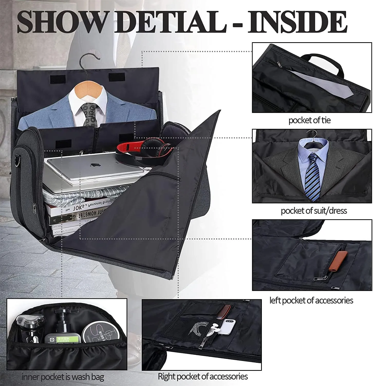 Carry On Garment Bag for Travel - Convertible Duffel for Suits, Dresses, Clothes - Weekend Bag With Shoe Compartment, Pockets, Shoulder Strap