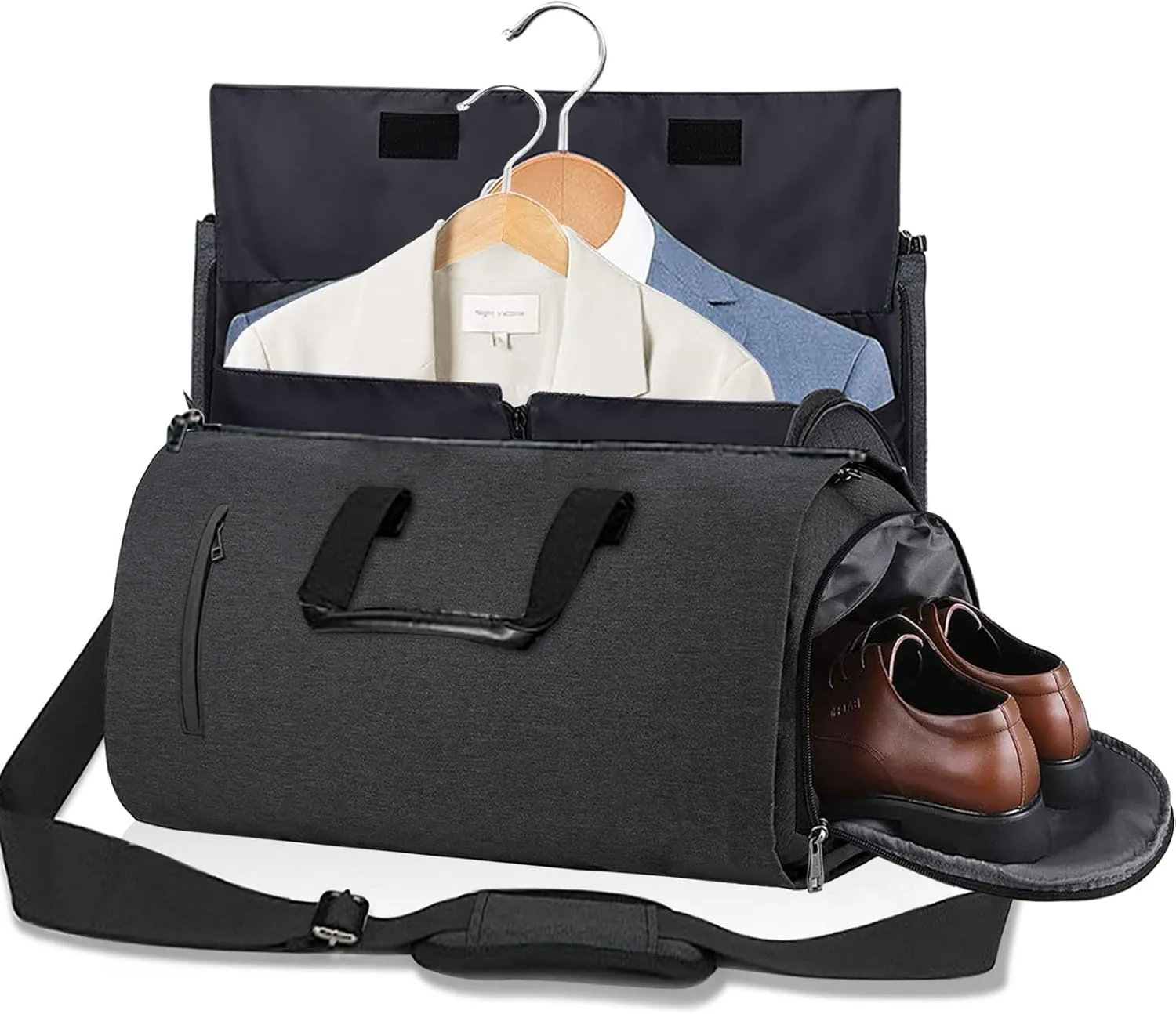 Carry On Garment Bag for Travel - Convertible Duffel for Suits, Dresses, Clothes - Weekend Bag With Shoe Compartment, Pockets, Shoulder Strap