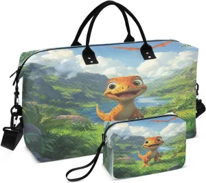 Cartoon Dinosaur Pterosaur Landscape Sports Gym Bag for Women Men Travel Duffel Bag Weekend Overnight Carry on Bag with Toiletry Bag Yoga Bag for Swimming Yoga Workout Plane Hospital