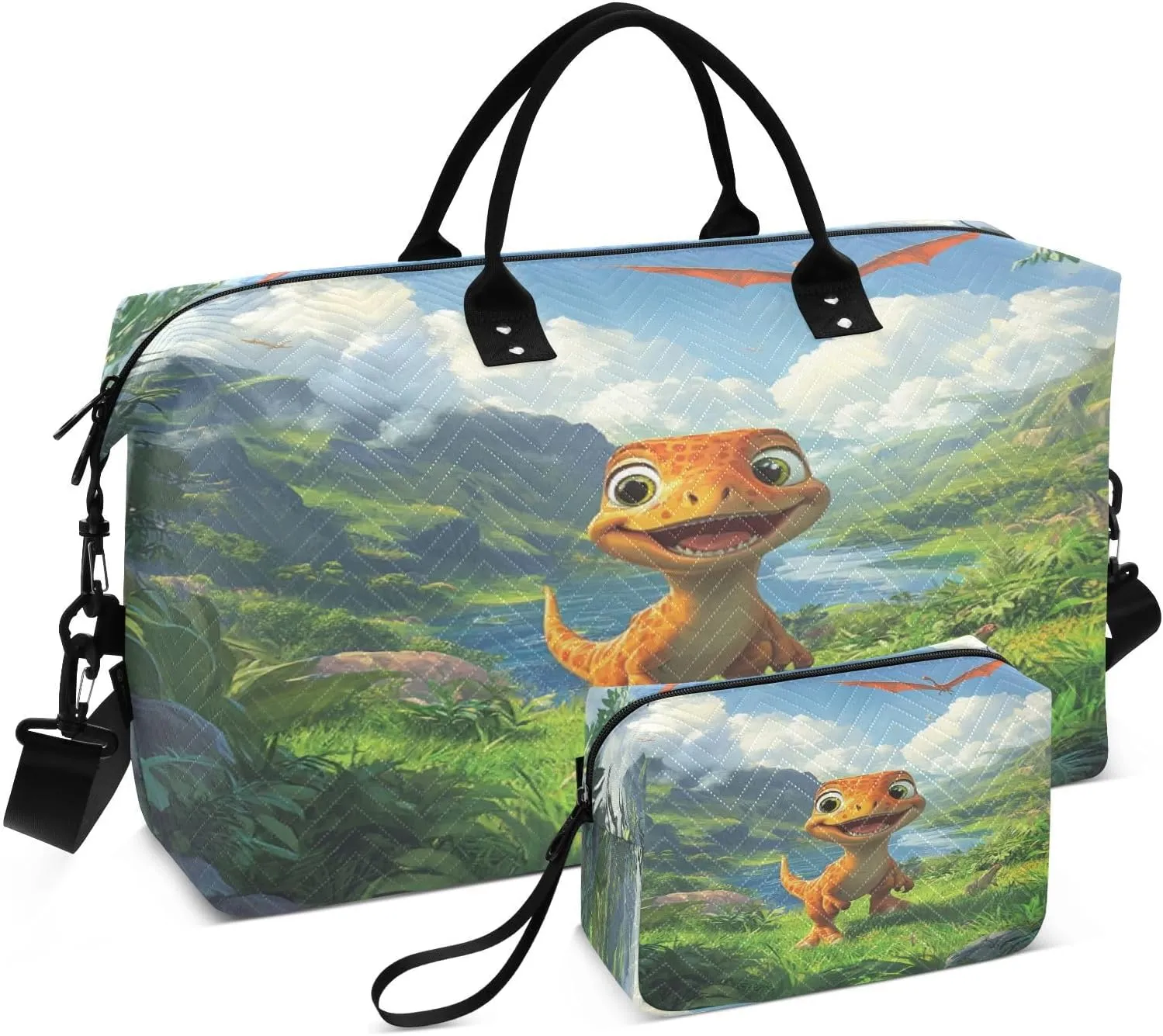 Cartoon Dinosaur Pterosaur Landscape Sports Gym Bag for Women Men Travel Duffel Bag Weekend Overnight Carry on Bag with Toiletry Bag Yoga Bag for Swimming Yoga Workout Plane Hospital