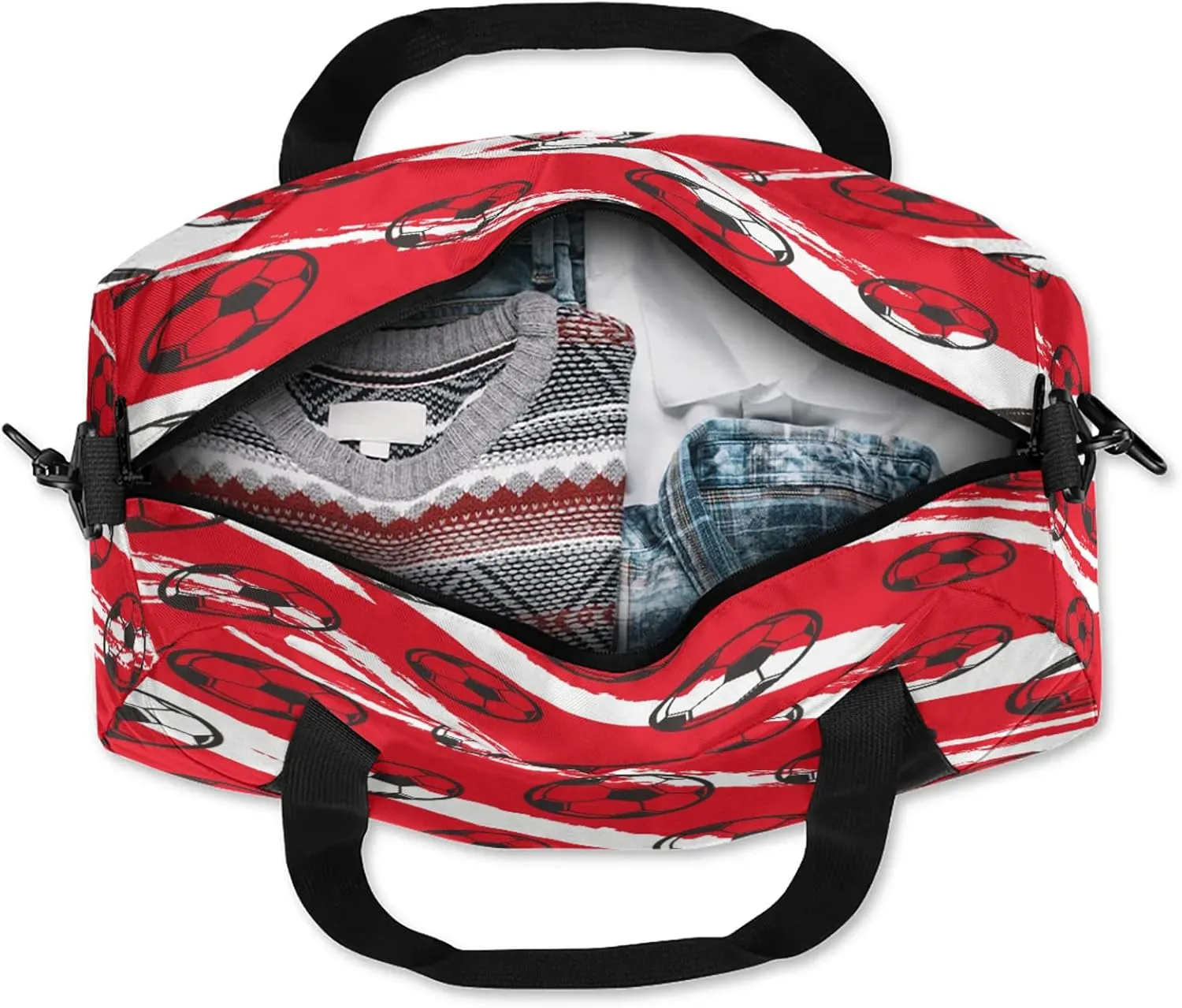 Cartoon Football Pattern Kids Duffel Bag Lightweight Waterproof Sports Gym Bag with Front Zipper Pocket Foldable Weekender Overnight Bag for School Practice Gymnastic Ballet