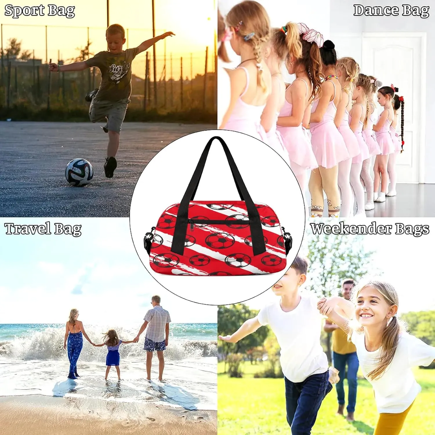 Cartoon Football Pattern Kids Duffel Bag Lightweight Waterproof Sports Gym Bag with Front Zipper Pocket Foldable Weekender Overnight Bag for School Practice Gymnastic Ballet