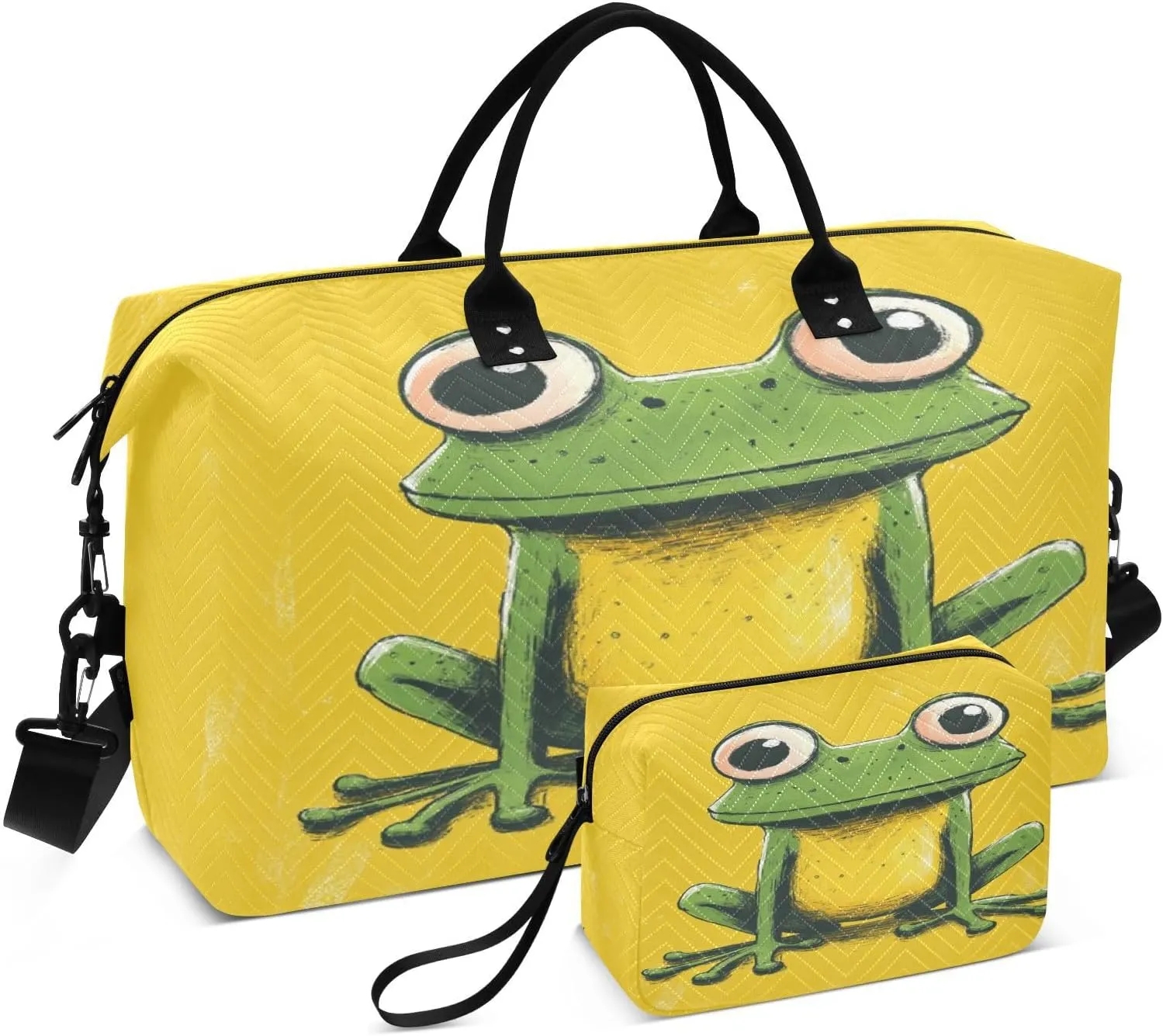 Cartoon Frog Bigeyes Yellow Sports Gym Bag for Women Men Travel Duffel Bag Weekend Overnight Carry on Bag with Toiletry Bag Workout Dance Bag for Plane Hospital Workout Swimming Yoga