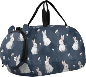 Cartoon Funny Bunny Navy Blue Duffel Bag with Shoes Compartment Multifunctional Sports Duffel Bag for Travel, Swimming, Dance, Ballet