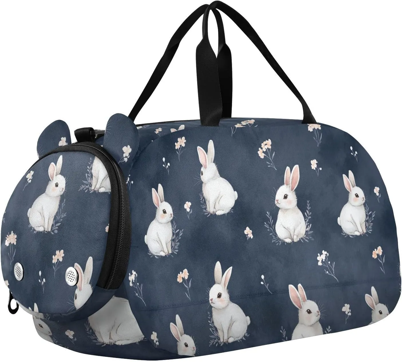 Cartoon Funny Bunny Navy Blue Duffel Bag with Shoes Compartment Multifunctional Sports Duffel Bag for Travel, Swimming, Dance, Ballet