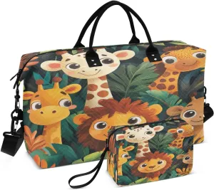 Cartoon Giraffe Lion Foliage Sports Gym Bag for Women Men Travel Duffel Bag Weekend Overnight Carry on Bag with Toiletry Bag Training Handbag for Plane Workout Swimming Yoga